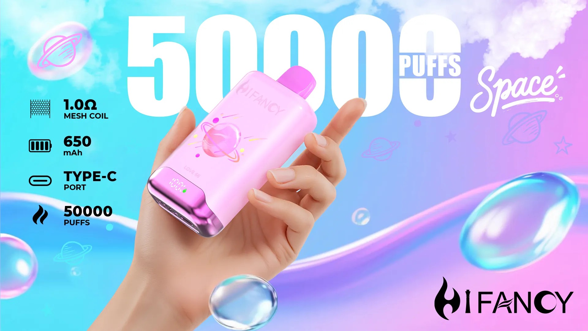 Two HiFANCY 16K puff disposable vapes featuring unique cartoon dog art designs and a digital screen indicating 95% battery life.