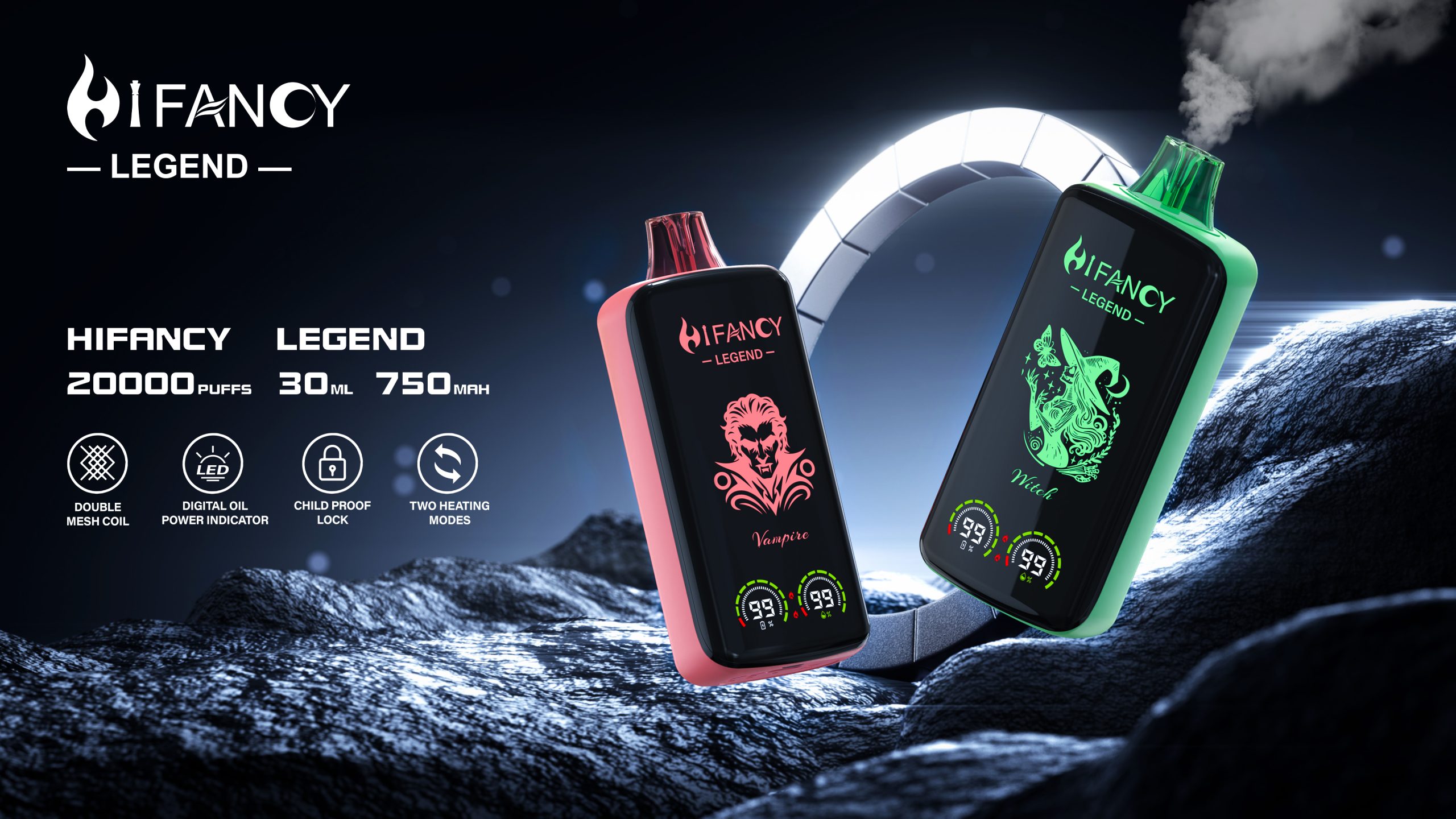 The premium HiFANCY LEGEND 20K puff vapes in 'Vampire' and 'Witch' designs, highlighting advanced features like a dual mesh coil, child lock, and two heating modes.