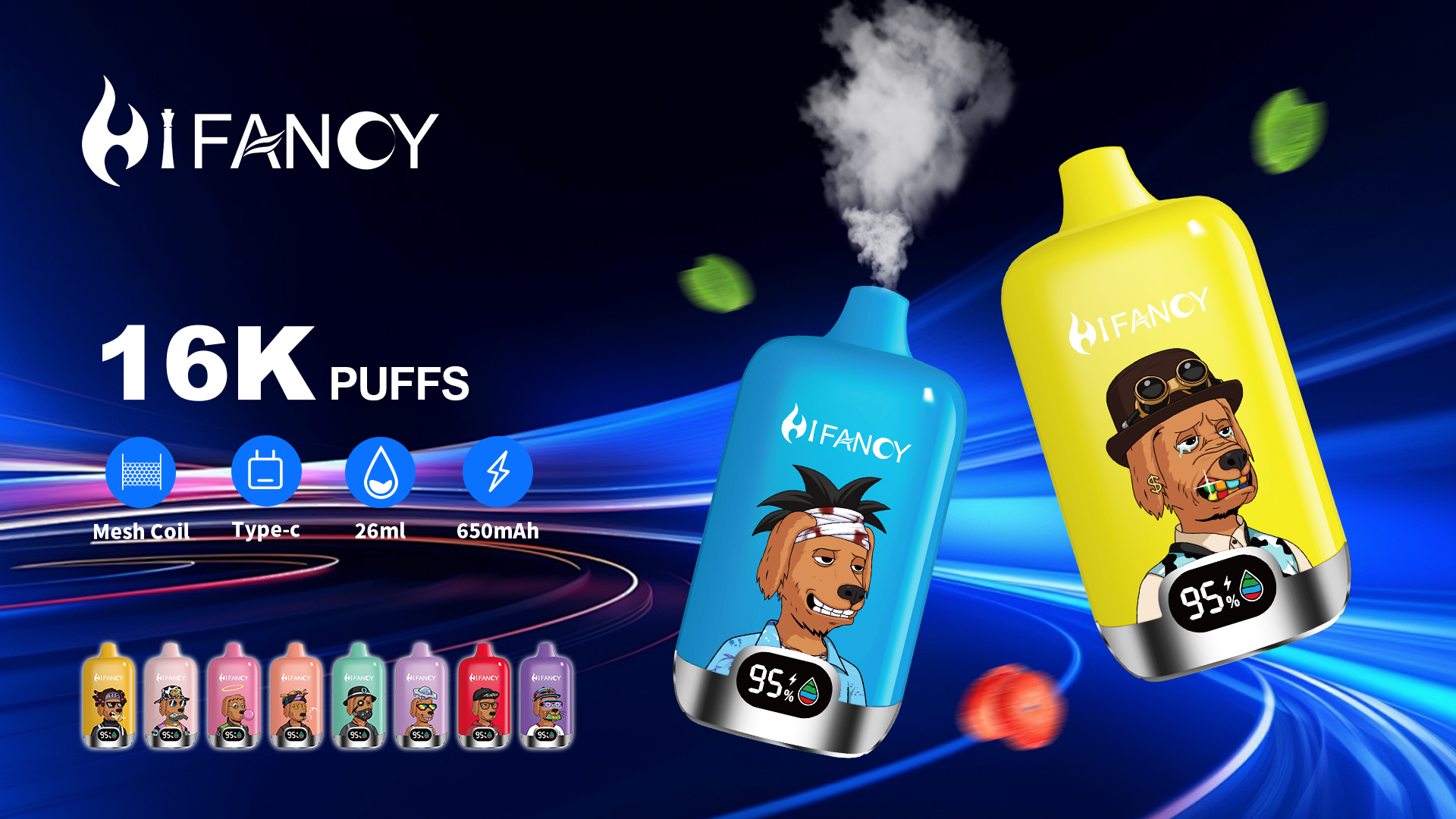 Two HiFANCY 16K puff disposable vapes featuring unique cartoon dog art designs and a digital screen indicating 95% battery life.